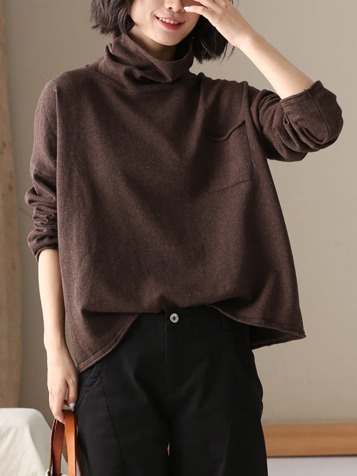 Ladies Autumn Casual Solid Color 100% Cotton Turtleneck
