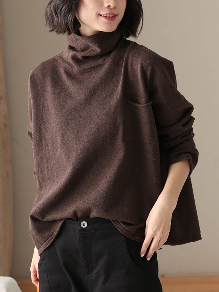 Ladies Autumn Casual Solid Color 100% Cotton Turtleneck