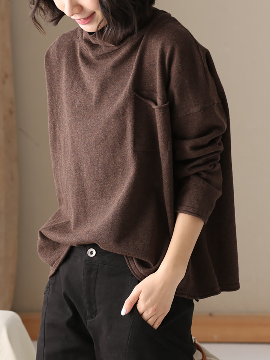 Ladies Autumn Casual Solid Color 100% Cotton Turtleneck