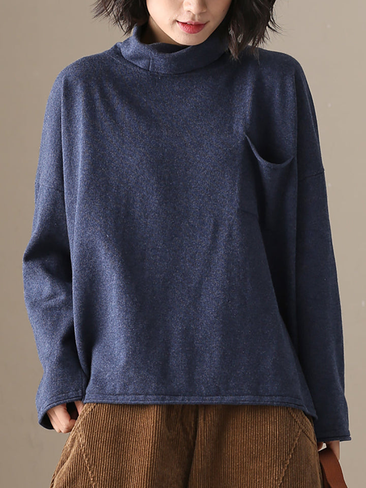 Ladies Autumn Casual Solid Color 100% Cotton Turtleneck