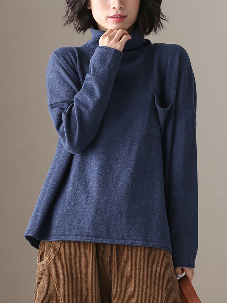 Ladies Autumn Casual Solid Color 100% Cotton Turtleneck
