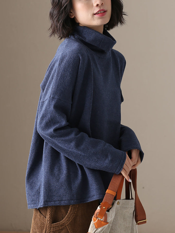 Ladies Autumn Casual Solid Color 100% Cotton Turtleneck