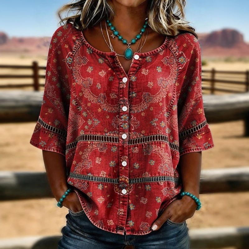 Guadalupe™ | Vintage Shirt with Ethnic Print and Three-Quarter Sleeves