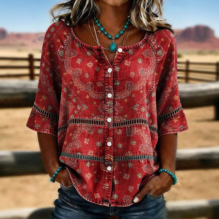 Guadalupe™ | Vintage Shirt with Ethnic Print and Three-Quarter Sleeves