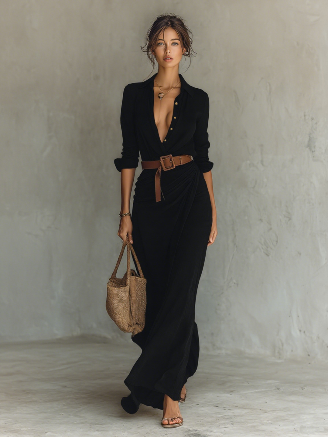 Lapel Single Breasted Long Sleeve Belted Maxi Dress