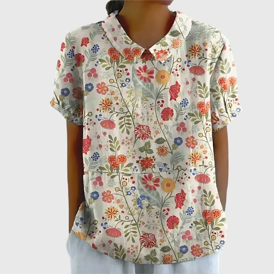 Wendy | Floral Print Short Sleeve Collared Blouse