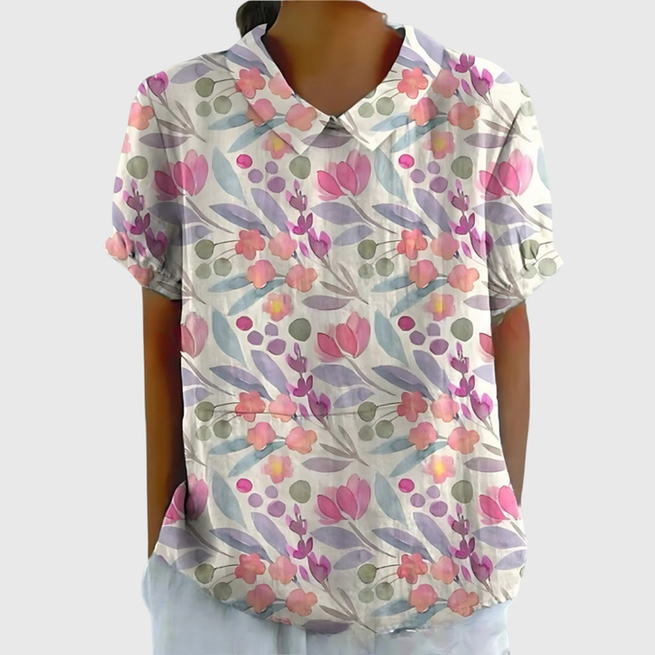 Wendy | Floral Print Short Sleeve Collared Blouse