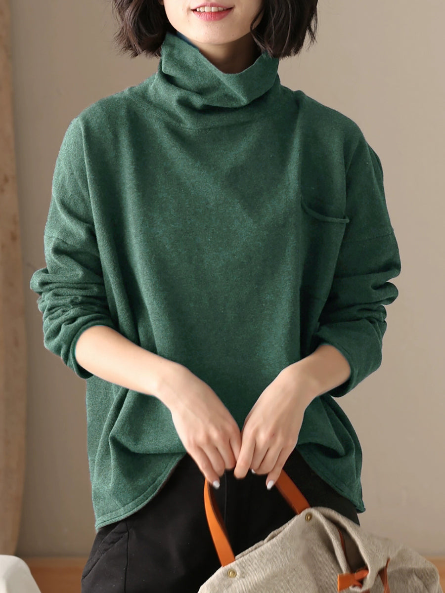 Ladies Autumn Casual Solid Color 100% Cotton Turtleneck