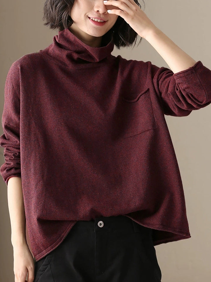Ladies Autumn Casual Solid Color 100% Cotton Turtleneck