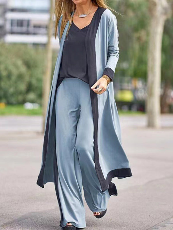 Contrasting Color Sleeveless Vest & Cardigan Jacket Trousers Set