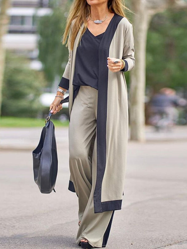 Contrasting Color Sleeveless Vest & Cardigan Jacket Trousers Set