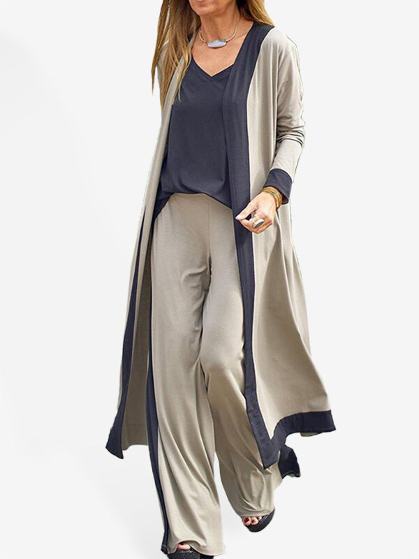 Contrasting Color Sleeveless Vest & Cardigan Jacket Trousers Set