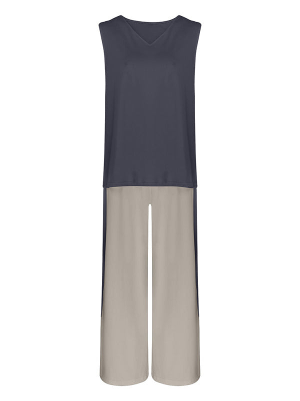 Contrasting Color Sleeveless Vest & Cardigan Jacket Trousers Set