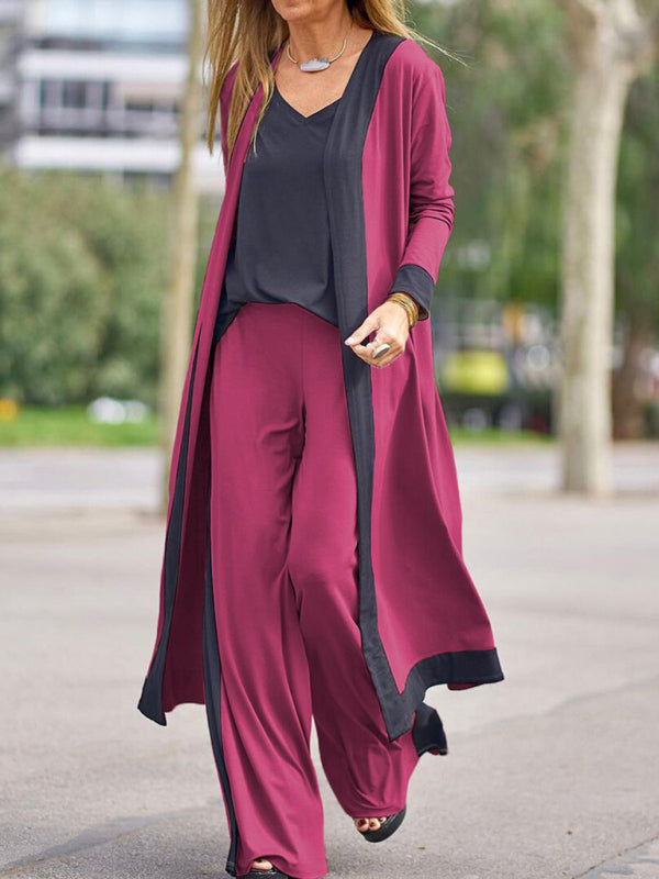 Contrasting Color Sleeveless Vest & Cardigan Jacket Trousers Set