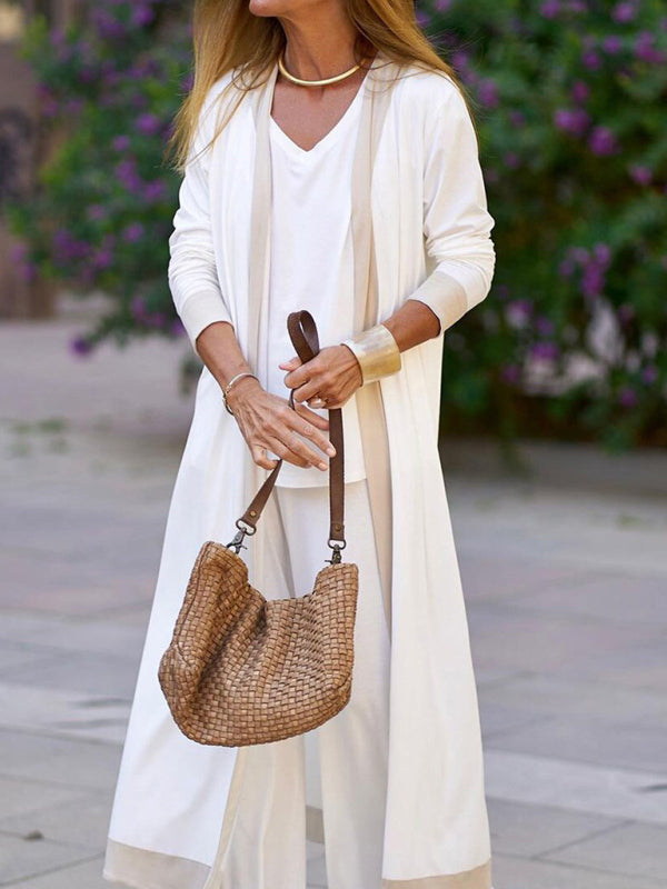 Contrasting Color Sleeveless Vest & Cardigan Jacket Trousers Set