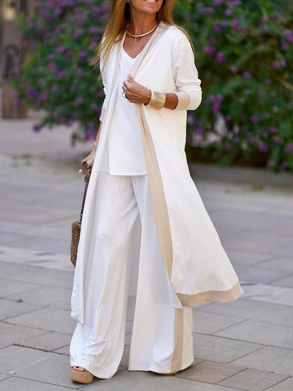 Contrasting Color Sleeveless Vest & Cardigan Jacket Trousers Set
