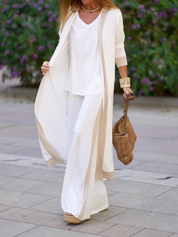 Contrasting Color Sleeveless Vest & Cardigan Jacket Trousers Set